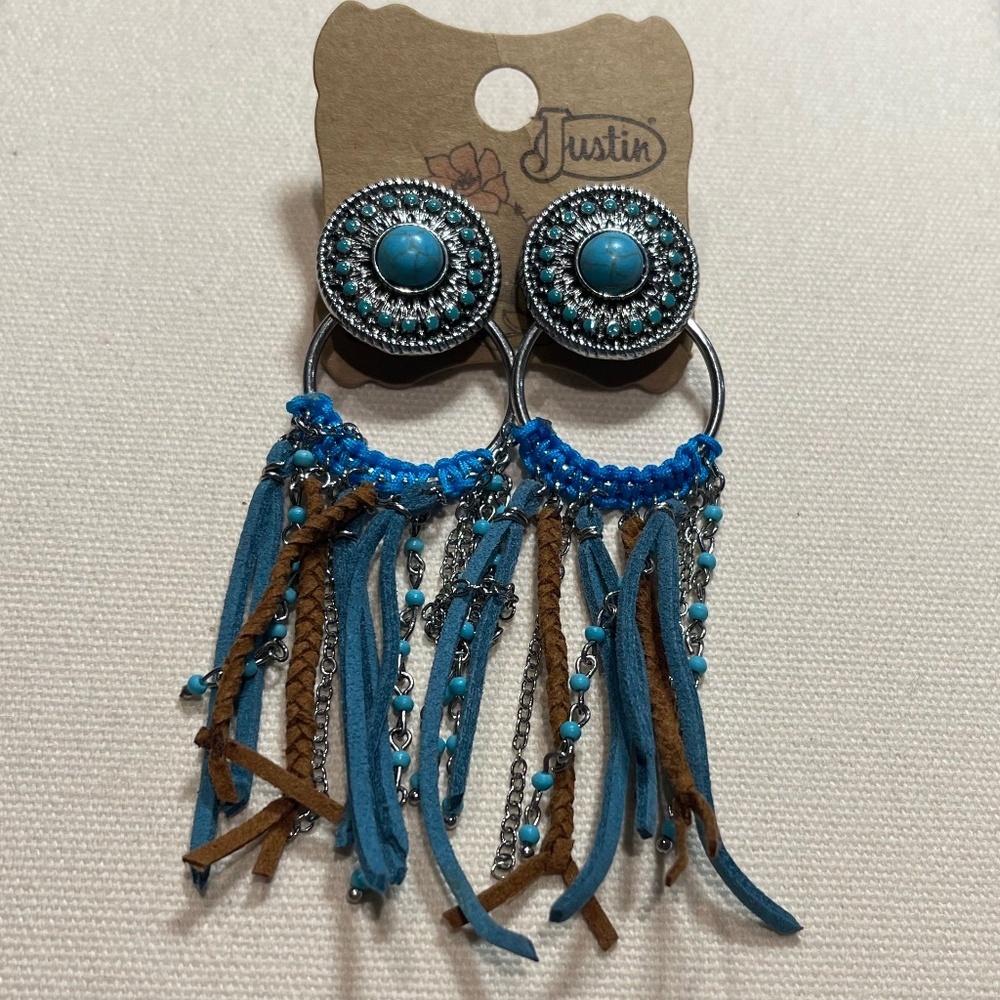 Justin Boots Concho Earrings with Fringe, Turquoise - NWT